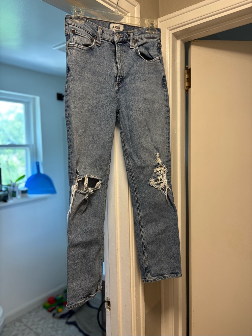 Agolde Light Blue Distressed Straight Leg Jeans